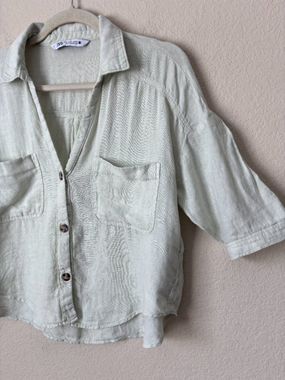 Zara Linen Button Up Boxy Cropped Pistachio Green Shirt - Picture 5 of 11